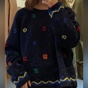 VINTAGE Preppy Multicolored Handknit Wool Abstract Print Sweater Boxy Slouchy L